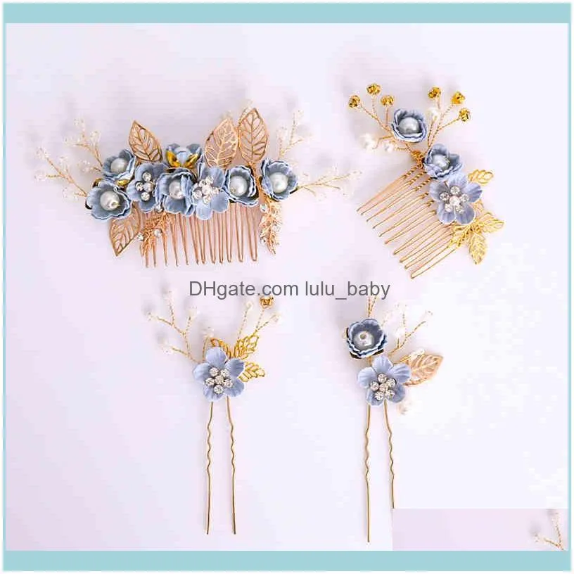 Fashion Pink Blue Flower pins Pearls Rhinestone Combs Prom Bridal Wedding Accessories Gold Leaves Hair Jewelry