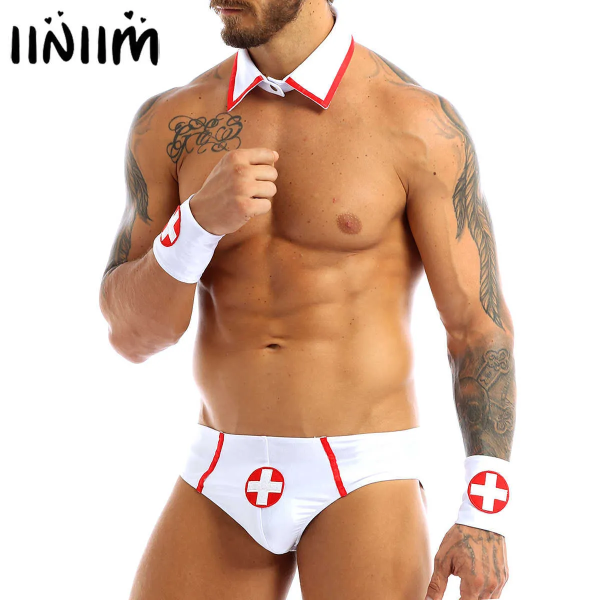 Mens Lingerie Doctor Enfermeira Sexy Cosplay Role Play trajes Outfit Set Fantasia Clubwear Jockstraps Briefs com colarinho e manguito 210616