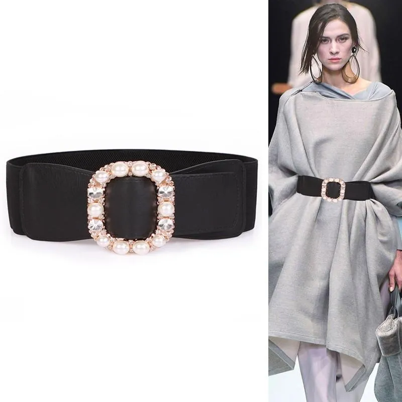 Cinture Big Pearl Crystal No Pin Buckle Belt Donna Punk Plus Cinture larghe Abito Fashion Black Soft Leather Cummerbunds Coat Girls