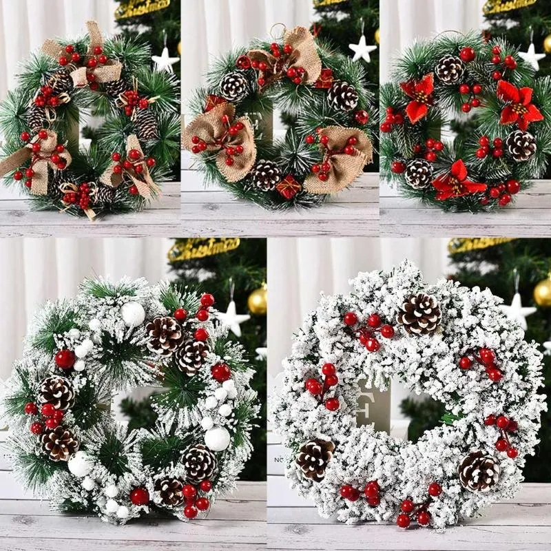 Dekorativa blommor kransar 2022 julkrans konstgjorda pinecone röda bär kransar hängande främre dörr väggparty hem ornament