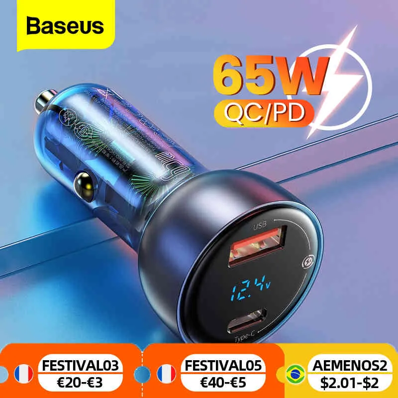 Baseus Car PD 65W Fast Charging Quick Charge 4.0 QC 3.0 USB Type C Charger For iPhone 12 Xiaomi Samsung MacBook