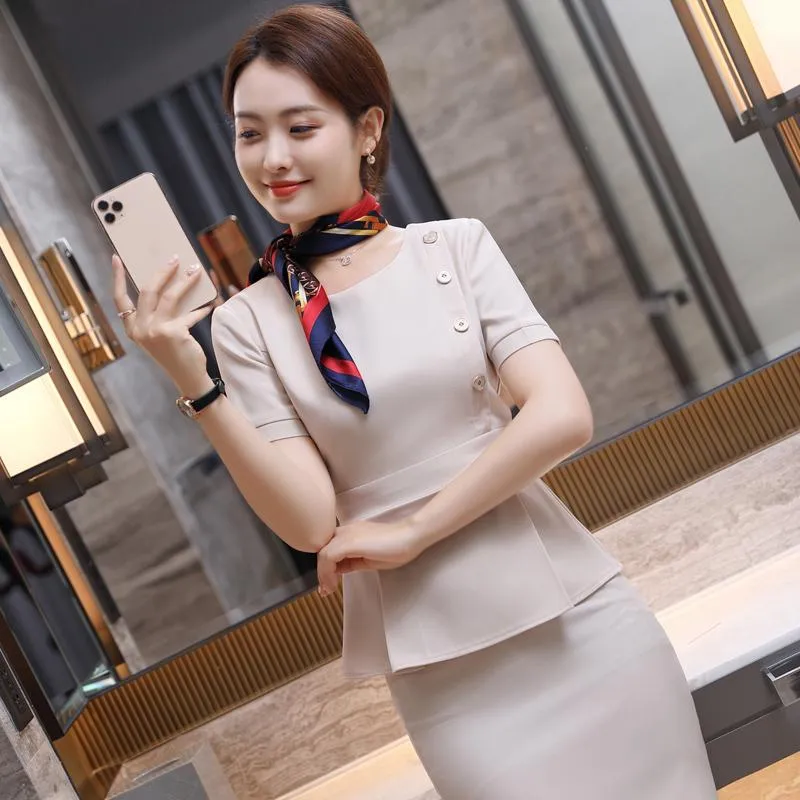 買換応援 スカートとトップスのための夏の半袖正式なプロフェッショナルビジネススーツと女性オフィスワークの服用ブレザーセットスカーフ2ピースのドレス 販売 公式 Vtech Computer Com
