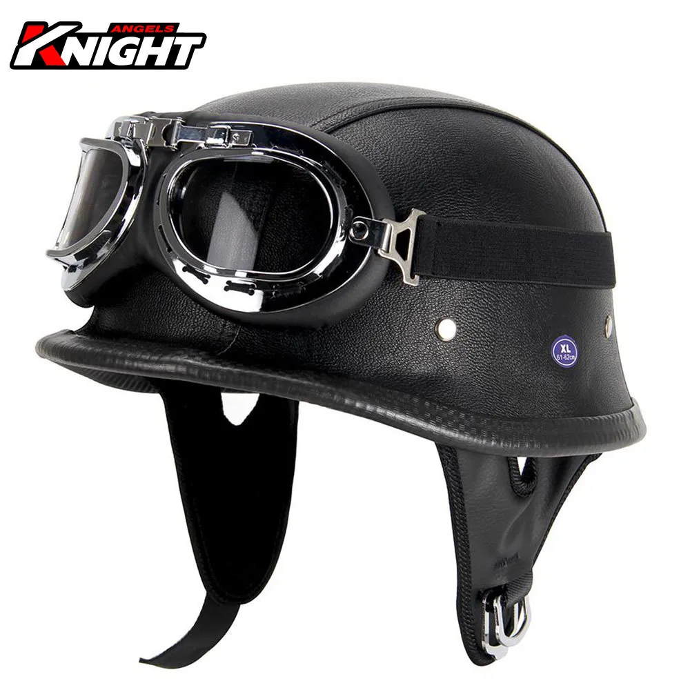 New Leather German Motorcycle Open Face Half Helmet Chopper Biker Pilot DOT BLACK