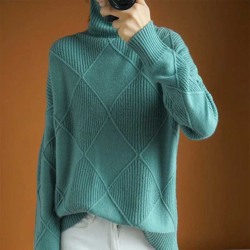 Cashmere Sweater Women Turtleneck Pure Color Knitted Pullover 100% Wool Loose Large Size_voghion.com
