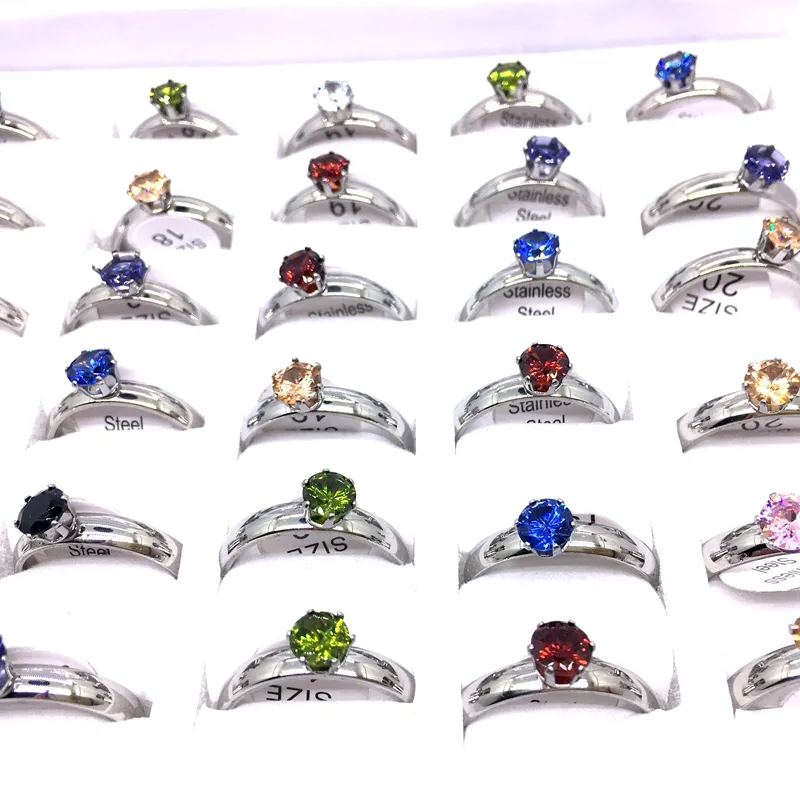 Wholesale 36PCs/LOT Women's Ring 4mm Silver Gold Stainless Steel Colorful Zircon Stone Fashion Jewelry Rings Wedding engagement Party Gifts