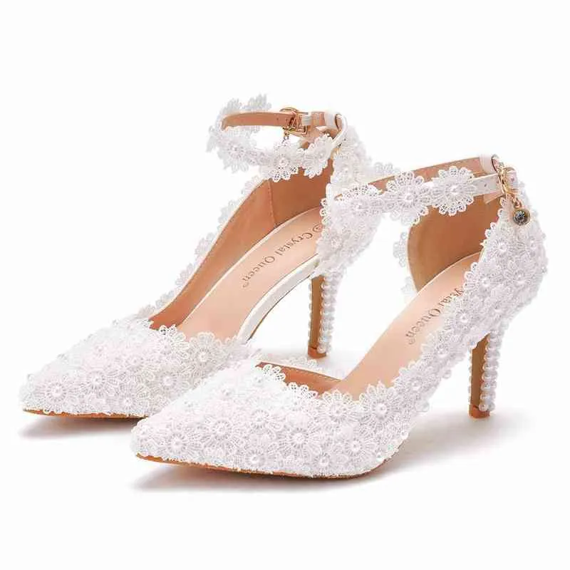 Sandels 8 см Внешняя торговля Стелето-заостренный носки сандалии белые кружева свадебные туфли женщины высокие каблуки пустые 220303