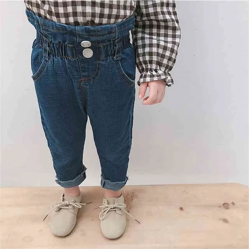 Koreański styl jesień niemowląt dziewczynek moda wysoka talia drelichowe spodnie dzieci wszystkie mecze elastyczne dżinsy spodnie dzieci 210508