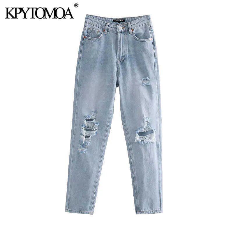 Kpytomoa Kobiety Chic Moda Ripped Hole Side Kieszenie Dżinsy Vintage High Waist Zipper Fly Denim Kobiet Kostki Spodnie Mujer 210616