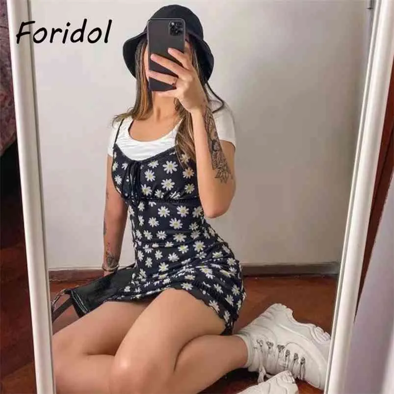 Daisy Baskı Dantel Elbise Spagetti Kayışı Siyah Bodycon Mini Çiçek Plaj Boho Yaz Sevimli 210427