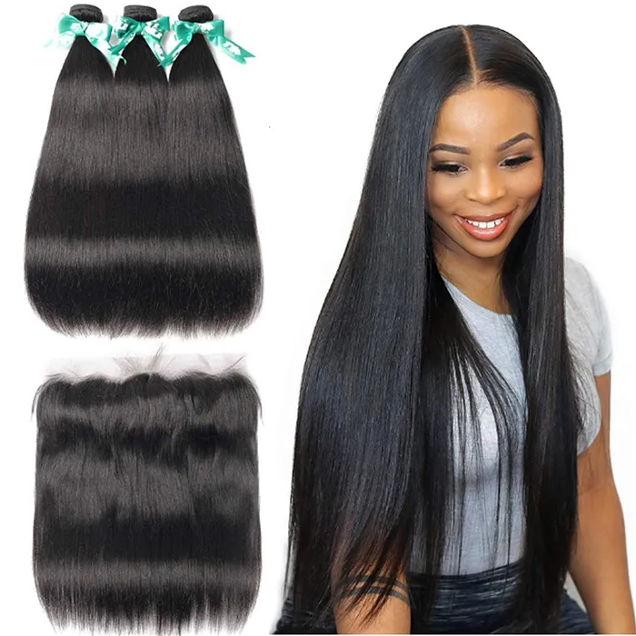 12A Cheveux Raides Brésiliens 3 Bundles Avec Frontal Transparent 13x4 Oreille à Dentelle Fermeture Frontale Avec Bundles Non Transformés Vierge Cheveux Humains Couleur Naturelle