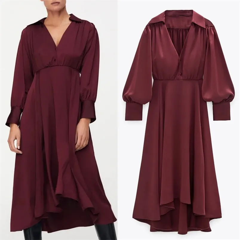 Autumn Winter Satin Midi Dress Women Vintage V Neck Long Puff Sleeve Party Woman Elegant Christmas Ladies es 210519