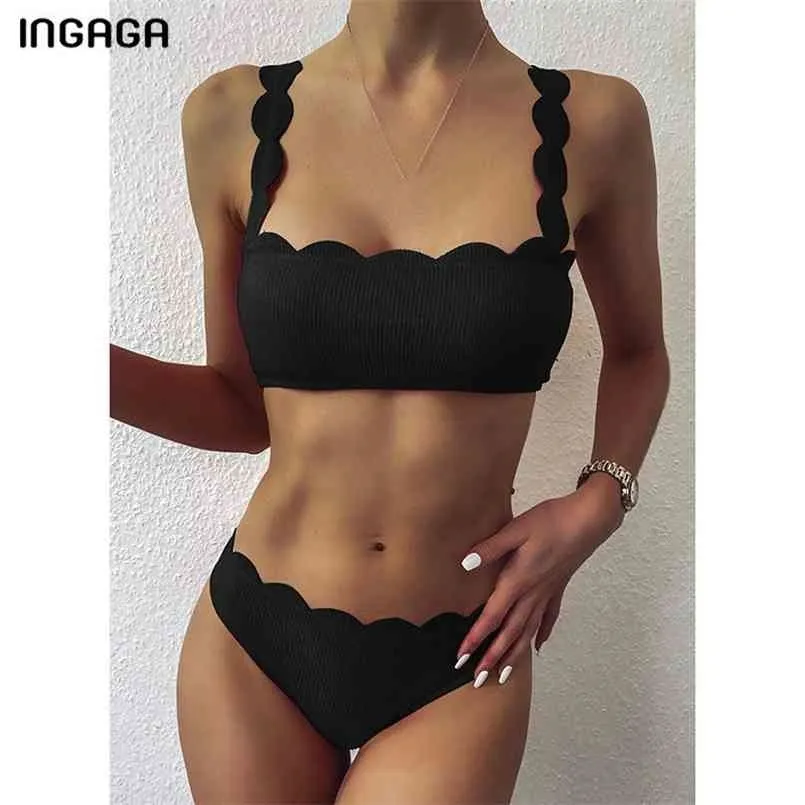 Ingaga push up bikinis badpakken geschulpte rand badmode vrouwen zwarte bandeau badpak solide biquini beach slijtage 210630