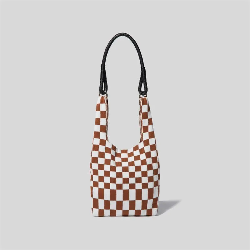 Sacs de soirée Plaid Crochet Épaule Pour Femmes Mode Japonais Tricot Elastici Dames Shopper Sac Pu Poignée En Cuir Hiver Femme Fourre-Tout