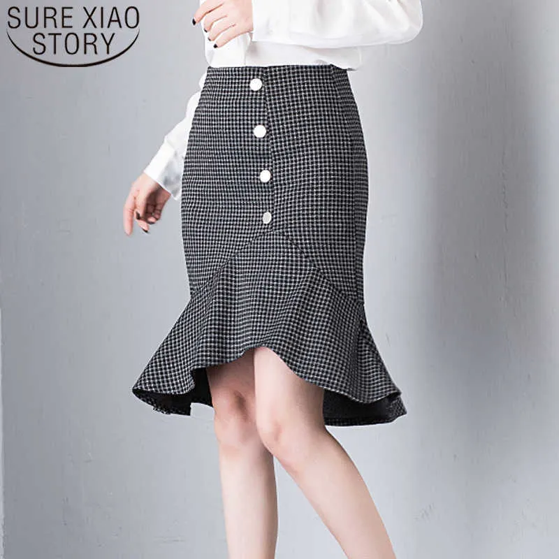 Zomer Korean-Style Slim Fit Ruffled One-Step Rok Hoge Taille Chic Fishtail Vrouwen Heup Plaid 8818 50 210527