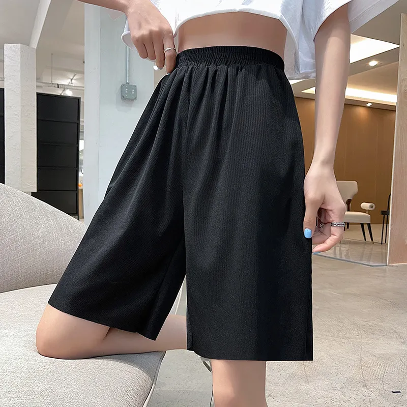 Design Womens Loose Thin Wide Legs Shorts Pant Ladies Casual Straight Knee Length Pants Females High Waisted Short With S-5XL