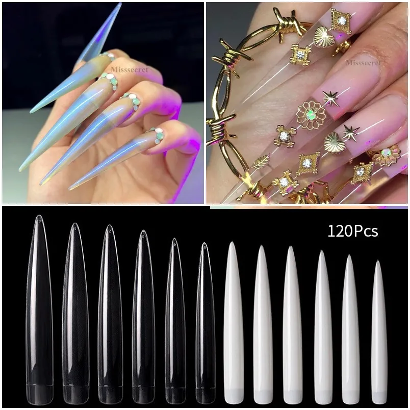 120pcs/Bag Clear Natural XXL Extra Long Stiletto False Nail Tips Set 10 Size Transparent DIY Salon Acrylic Nails Makeup