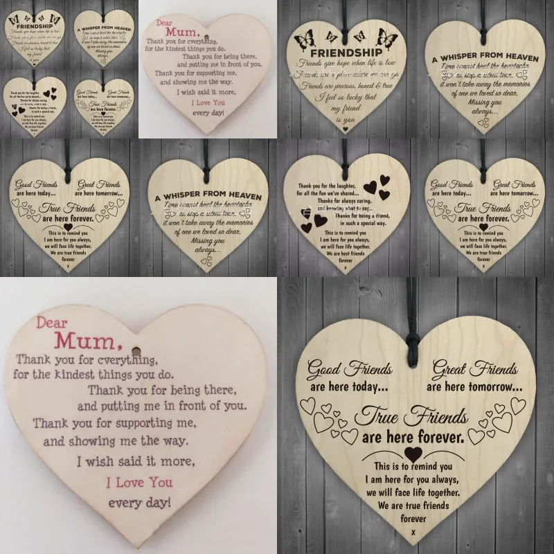 Festival Wall Art Ciondolo a forma di cuore Cara mamma Amicizia Paradiso Sussurro Slogan Commemorare il buon tempo Decorazioni per la casa in legno Ricordo 1 45cs L2