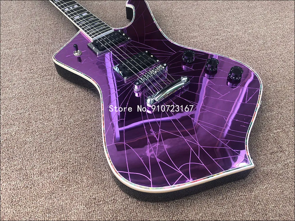 紫色の骨折ミラーエレクトリックギタークラックミラーピックガード、アワビのボディバインディング、クロムハードウェア