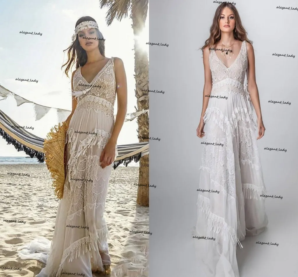 Rish Bohemian Trouwjurken V-hals Kant Tassel Pailletten Sweep Train Flow Rok Hollow Design Beach Country Trouwjurk