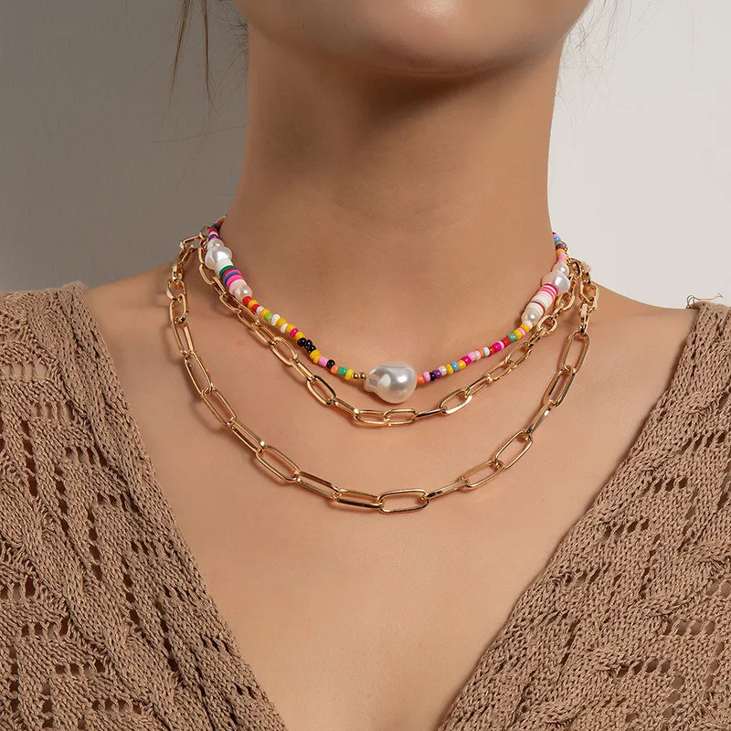 Bohemian Clay pärlor imitation pärlhalsband för kvinnor söta tjejer choker halsband flera lager kedjor halsband smycken