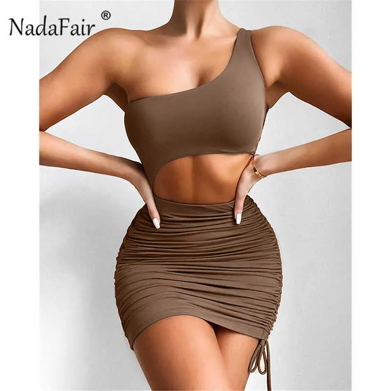 Nadafair Cut Out Sexy Mini Party Summer DrClub Outfit Ruched One Shoulder Sheath Bandage 2021 Short Brown Bodycon Dress X0529