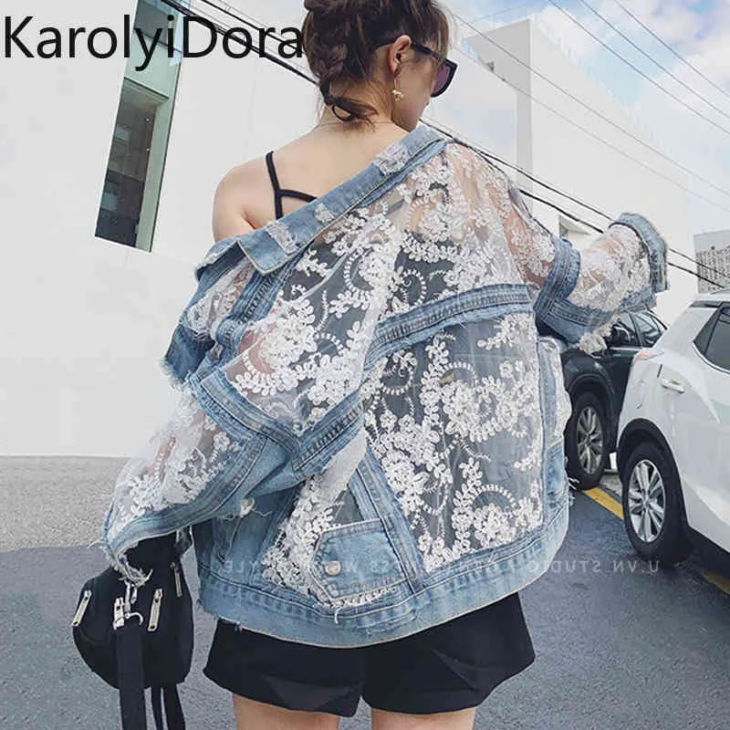 Streetwear Lace Patchwork Jean Hole Denim Jacket Coat Women Oversized Long Sleeve Perspective Flower Embroidery Loose Overcoat