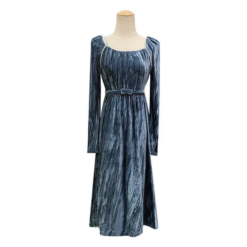 PEUT-ÊTRE U Femme Élégant Noir Bleu Velours O Cou À Manches Longues Au Genou Robe A-ligne Solide Chic D3088 210529