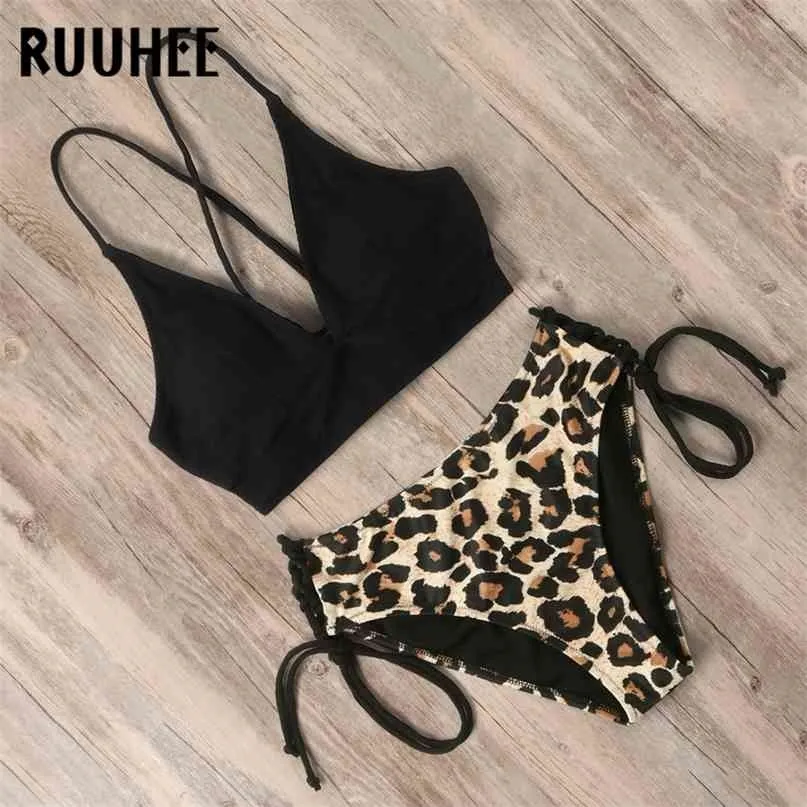 Ruuhee bikini badpak push up badmode vrouwen set luipaard kant backless vrouwelijke sexy biquini hoge taille 210625