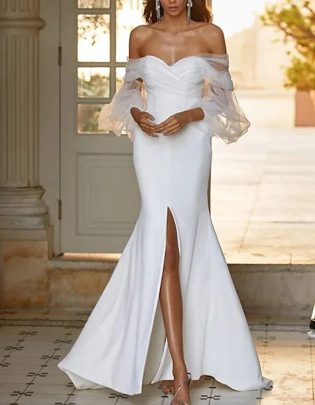 knee length dresses for ladies Detachable Off Shoulder Sleeve Sparkly Mermaid Wedding Dress