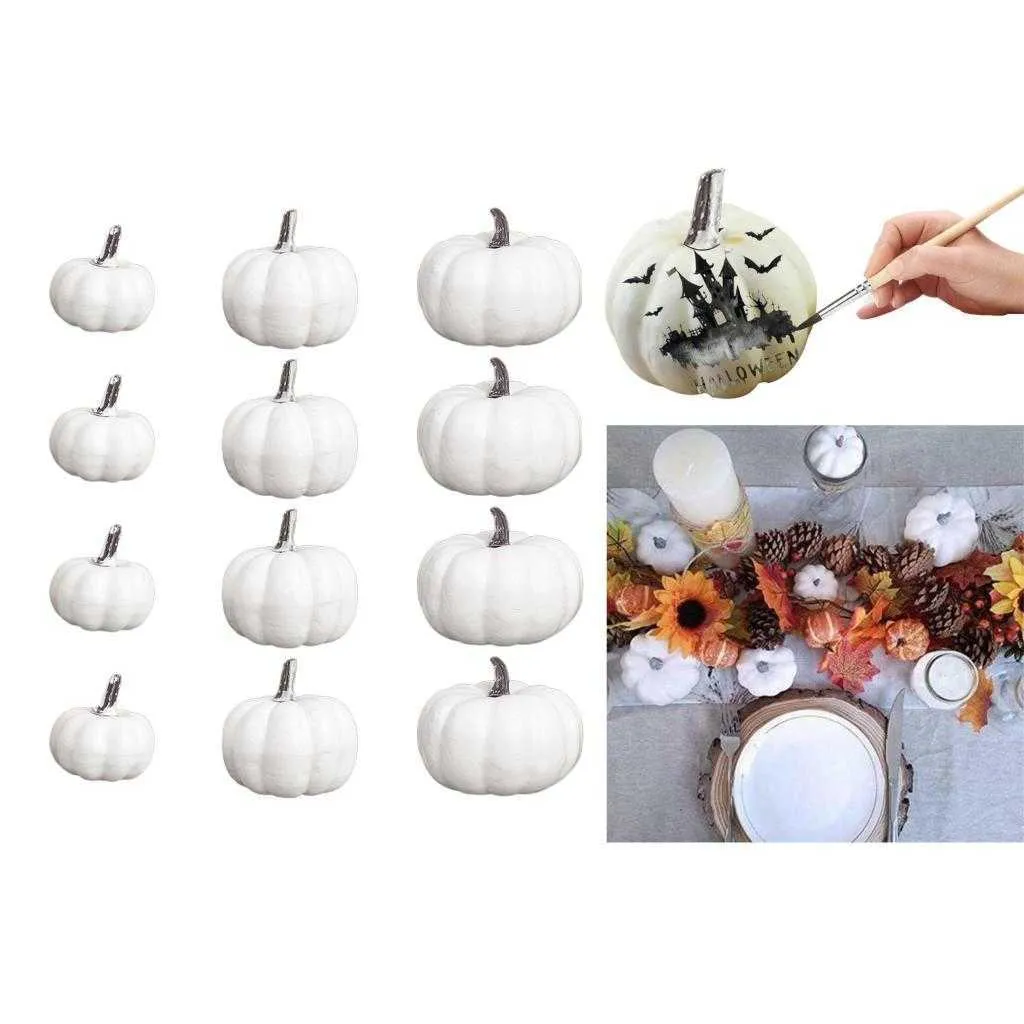 12 Pieces Halloween Decoration Pumpkin White White Artificial Pumpkin Autumn Party Table Fireplace Decoration