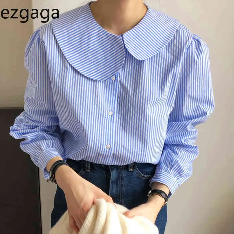 Ezgagaブラウス女性韓国のシックな青いピーターパン襟のボタン緩い柔らかいパフスリーブストライプシャツオフィスレディエレガントなBlusas 210430