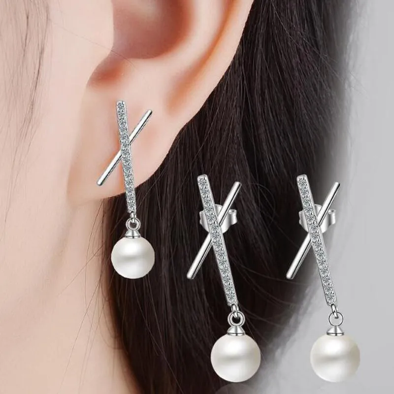 Stud OAN Korean Charm 925 Silver Earrings For Women Shiny Zircon Geometry "X" Pearl Earring Valentine's Day Fine Jewelry Gifts