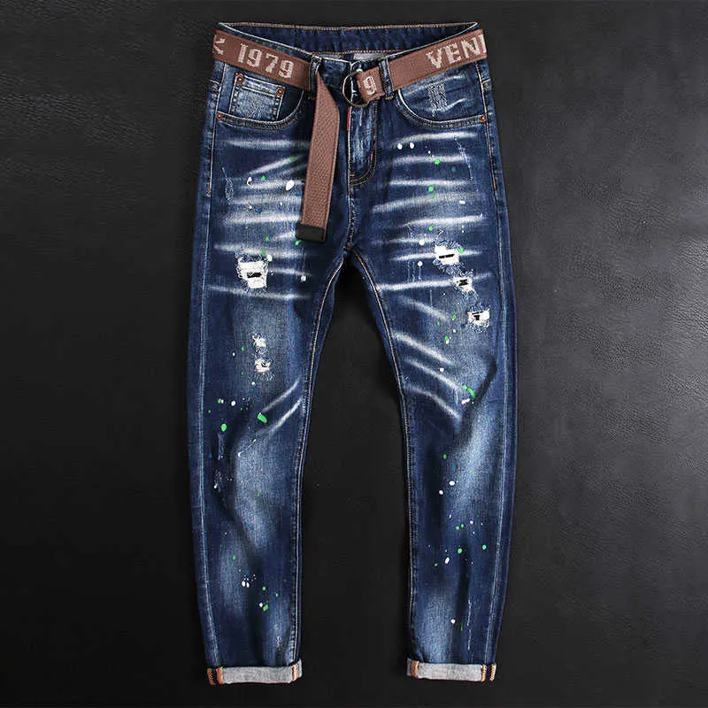 American Street Style Mode Hommes Jeans Rétro Bleu Élastique Mince Déchiré Peint Designer Hip Hop Éclaboussé Denim Pantalon