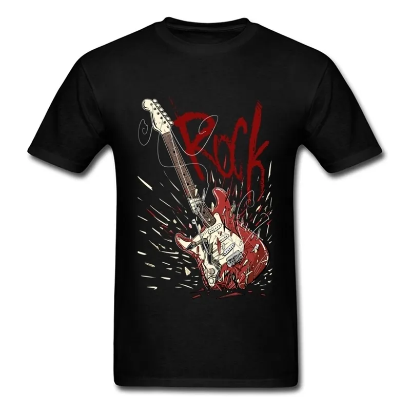 Crazy Rock Mannen Zwart T-shirt Gebroken Gitaar Print Jongens Korte Mouw Tee Shirts Muziek Band Team Top Custom Bedrijf 210324