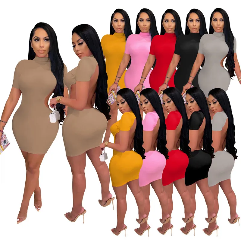 Kvinnor miniklänningar kort ärm rygglös kjol Bodycon klänning Sexig sommarkläder plus storlek S-2xl Solid Color kjolar mager förpackade höftkjolar nattklubb slitage