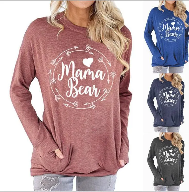 Fleece Mama Bear Sweatshirt T-Shirts Long Sleeve Tops Batwing Loose Fit Shirts with Pockets Letter Printing Round Neck Blouse Casual Custom Clothing 4 Colors GYL105