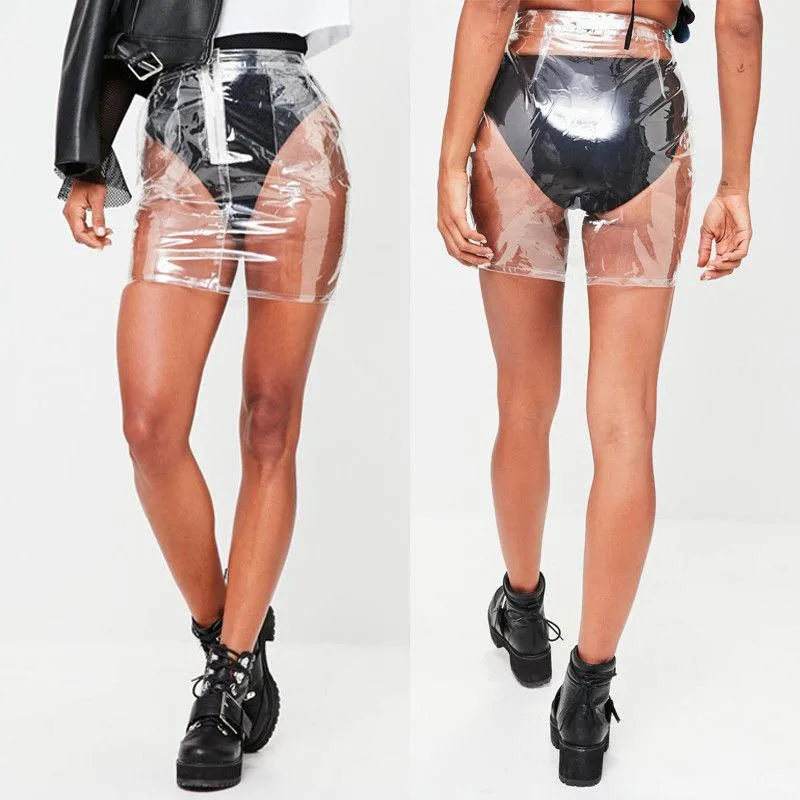 Sexiga kvinnor damer mode transparens klar minikjolar hög midja bodycon blyerts kjol