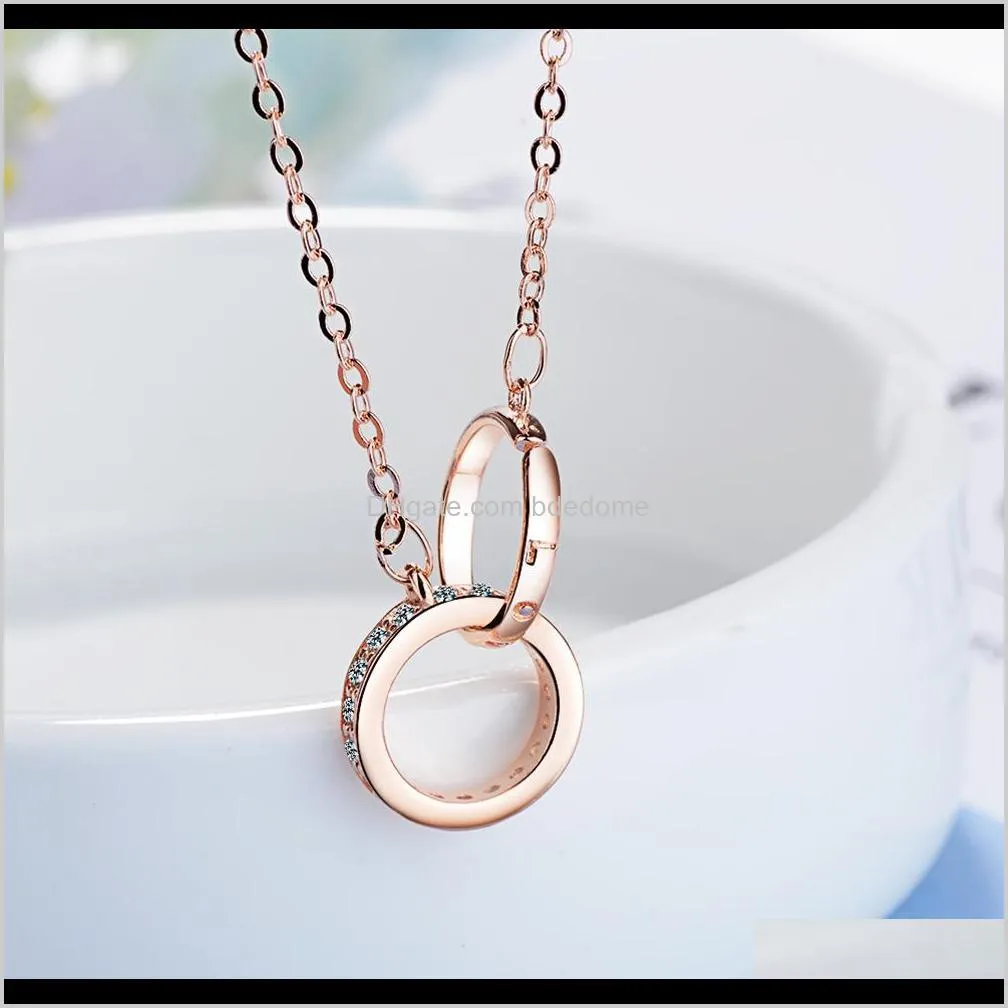pendant necklace two ring circle caving love letter zircon rose gold imitation rhodium plated confirmed color metal chain