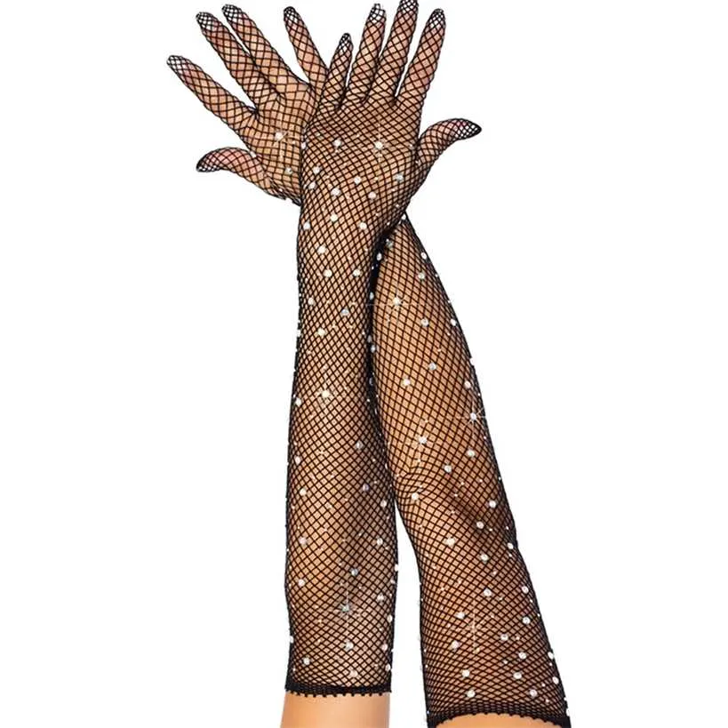 Sexy elastische Mesh-Handschuhe mit farbigen Flash-Diamanten Bungee-Bühnenauftritt Hohlfischernetz Punk Hiphop Damen R51 220113