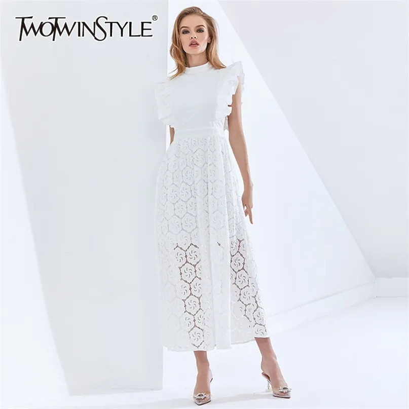 Blanc évider femmes robe col montant à manches courtes taille haute robes élégantes femme automne vêtements 210520