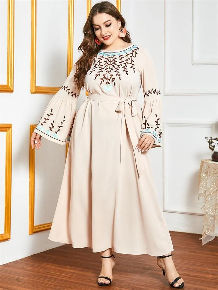 Siskakia automne 2021 Maxi robe pour femmes grande taille O cou évasé à manches longues ethnique broderie florale ample arabe musulman vêtements tenue décontractée