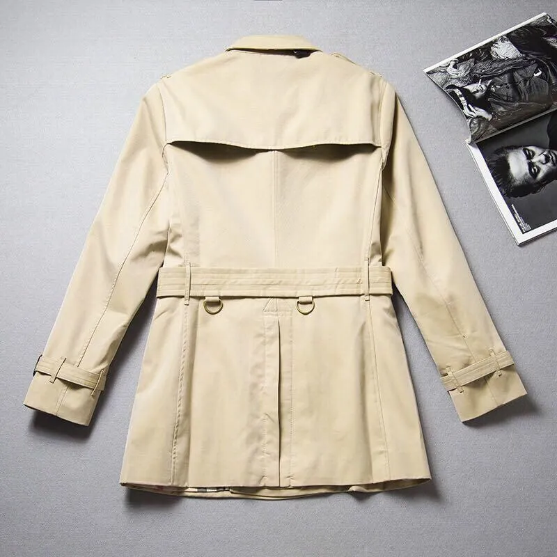 Men s short trench coat loose khaki navy blue black double breasted windbreaker Gabadian cotton British style autumn and winter jacket 008