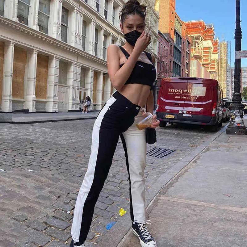 Women Bicolor Black White Jeans Patchwork High Waist Fashion Streetwear Denim Pants Straight Trousers Casual Cargo 210517