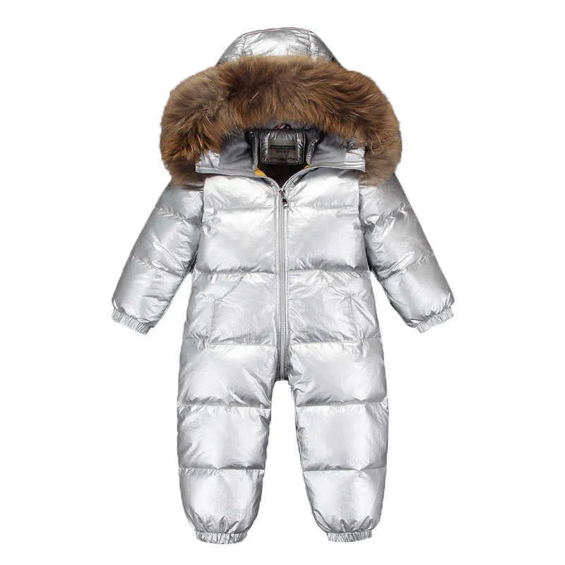 Riktig päls krage barn vinter ner kappa baby tjejer pojkar varm jumpsuit ytterkläder kläder vinter -30 grader barn tjock snö h0909