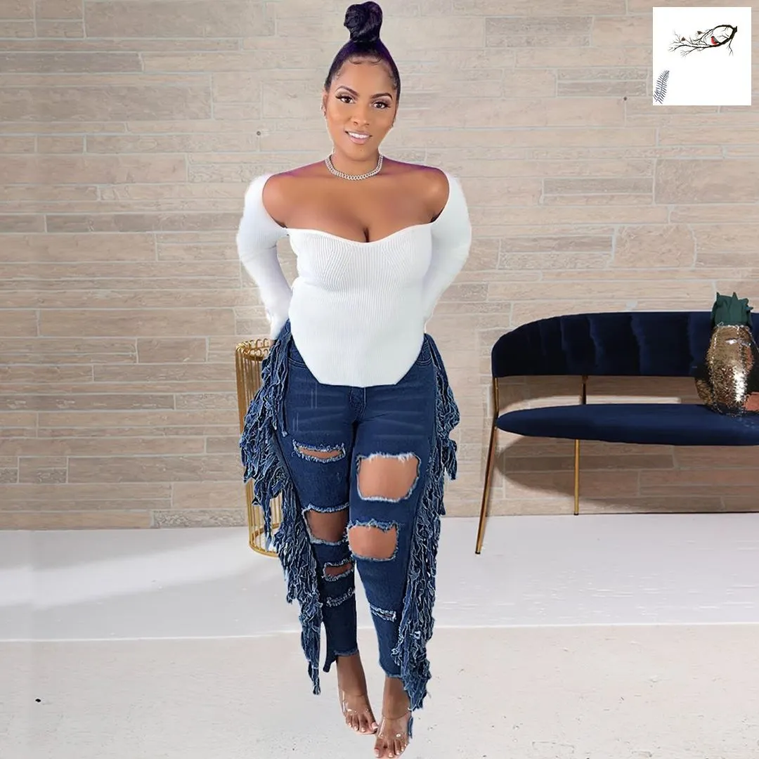 Jeans with tassels at the bottom on sale