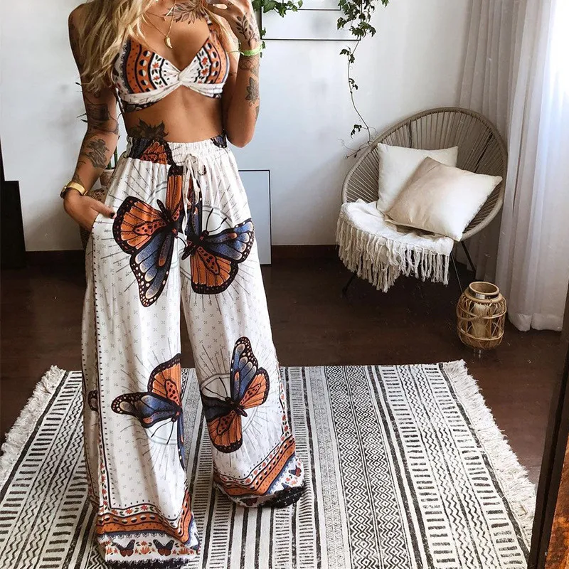 Two-Piece Suit Summer Tracksuit Sets Womens Outfits Boho Beach Style Print Underwear Loose Wide Leg Pants Ropa Mujer X0428