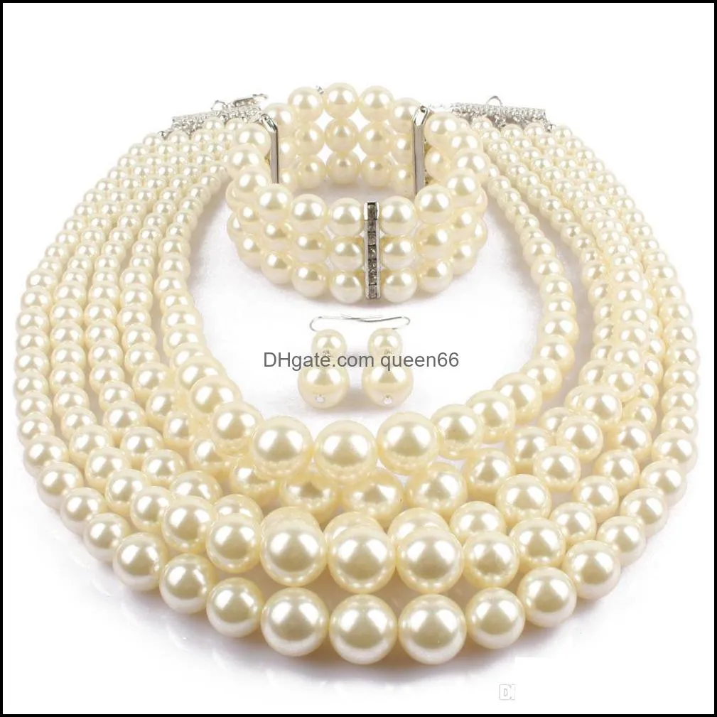 Red Imitation Pearls Bridal Jewelry Sets Women Fashion Wedding Gift Classic Ethnic Collar Choker Necklace Bracelet Earring Sets