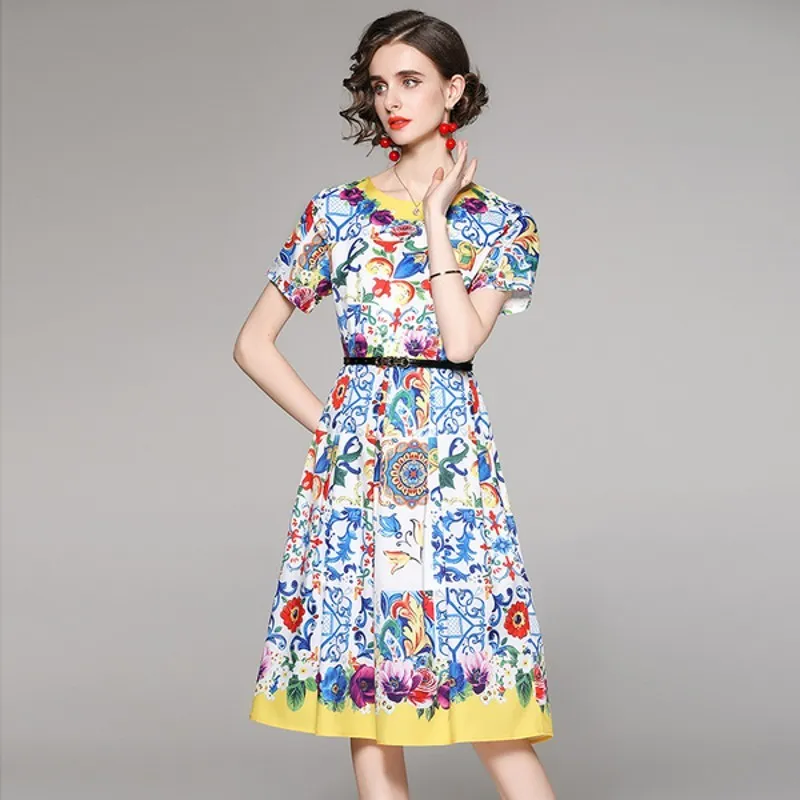 Sommarklänning Kvinnors Retro Blå och Vit Porslin Blommigtryck Kortärmad Midi Dress Vestidos 210518