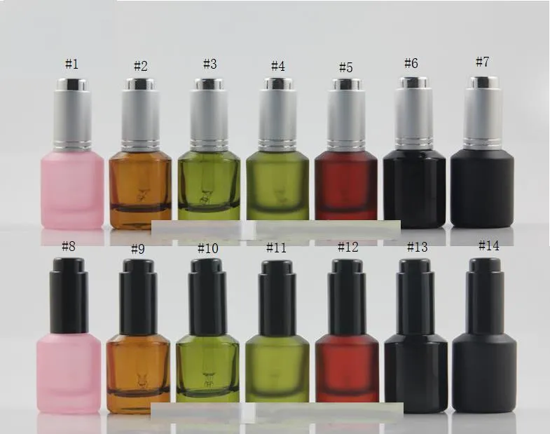 Partihandel 15ml Färgglada glasglasdropparflaska Tryck lock, eterisk olja Hudvård packning, kosmetisk parfymbehållare sn1305