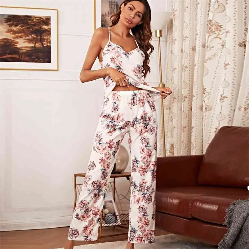 Kvinnors Två Piece Pyjamas Söt Camisole Pant Set Satin SleepWear Comfy Pyjamas Gorgeous Printed Loungewear 210831